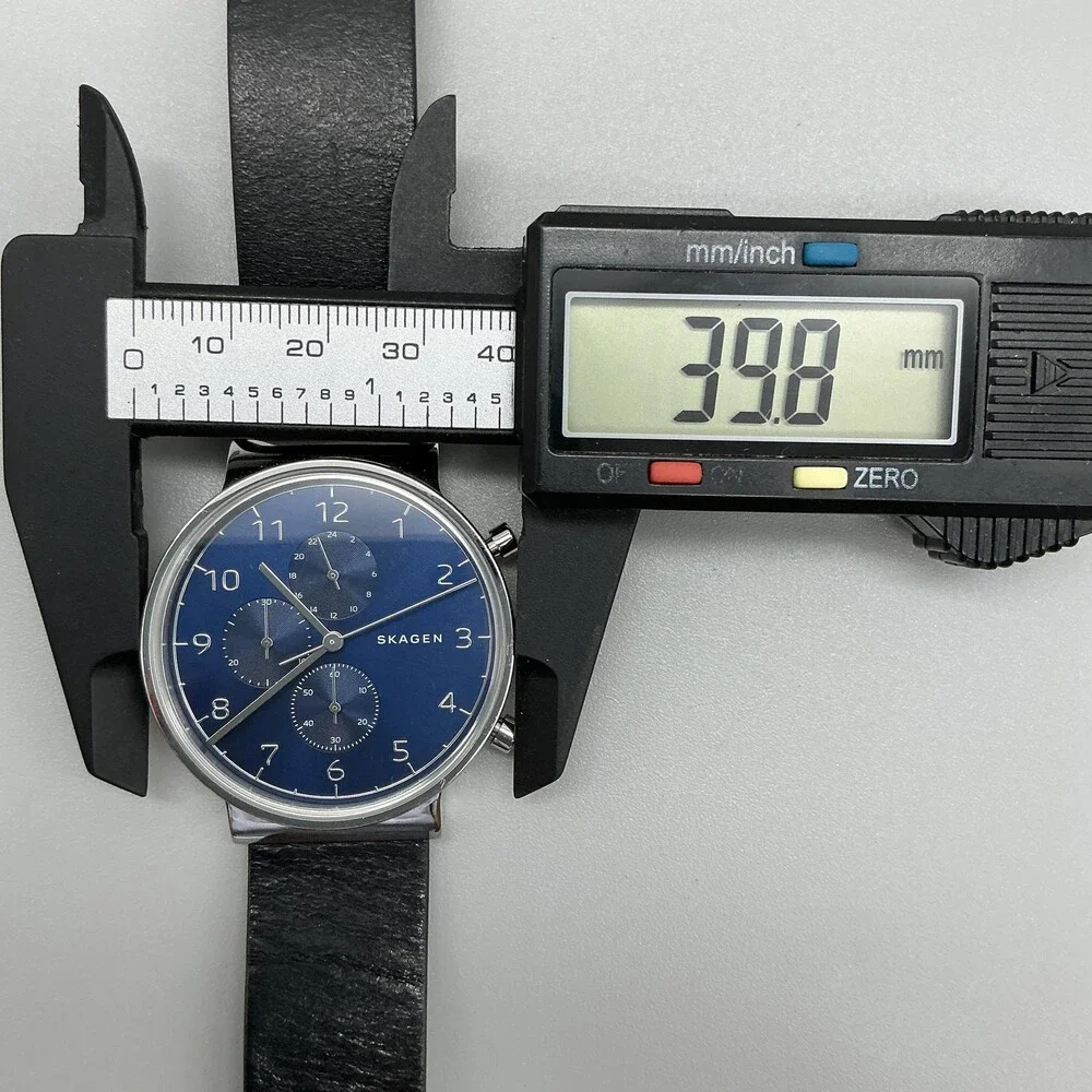 Skagen Ancher SKW6477 Mens Watch 40mm Blue Dial Black Leather Chrono New Battery